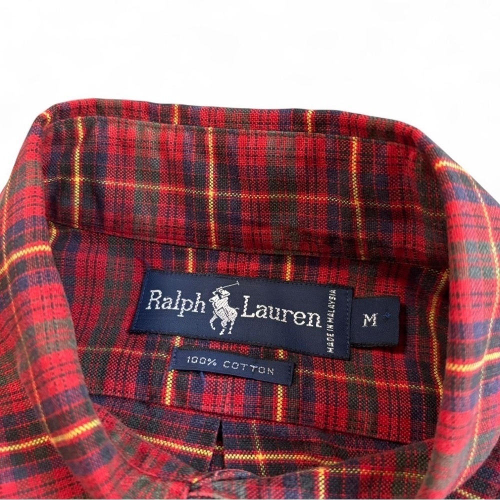 Ralph Lauren Button Down Shirt M Red Tartan Plaid Long Sleeve Cotton Classic Fit - Picture 3 of 4